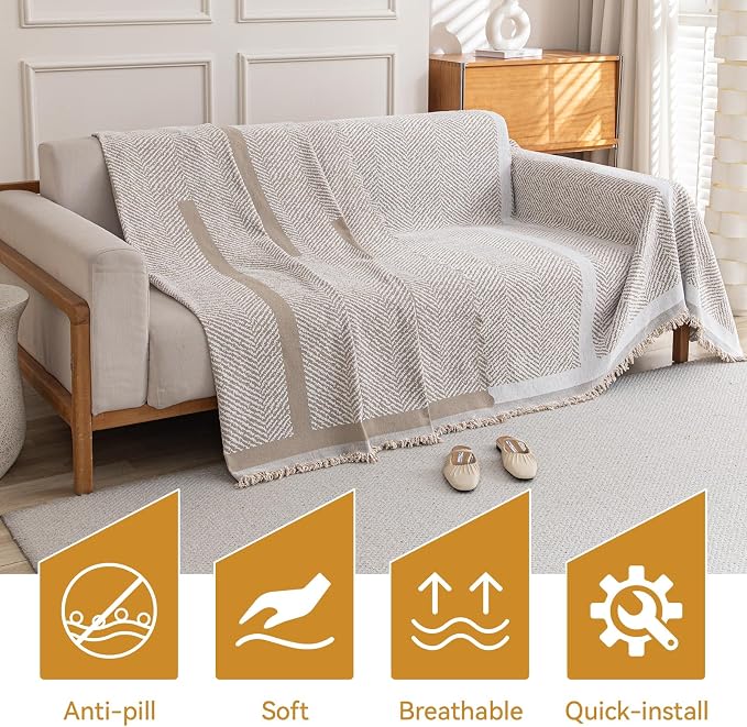 Deep Dream Boho Couch Cover for Dogs, Soft Chenille Couch Covers for 3 Cushion Couch, Thick Sofa Slipcover Sofa Cover WashableCouch Protectors for Pets (Herringbone Light Brown, 71"x102") - Image 6