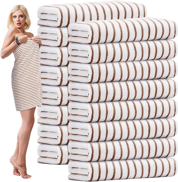 SmoothNovelty 16 Pack Microfiber Bath Towels Bulk 27'' x 60'' Oversized Size Bath Towel Highly Absorbent Extra Large Soft Drying for Beach Shower Summer Salon Sport Gym Party (Stripes,Khaki) by SmoothNovelty