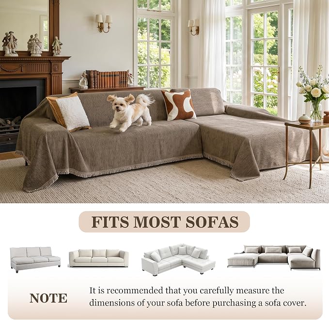 MEETSKY Couch Cover for 3 Cushion Couch Sofa, Sectional Couch Covers Washable for Dogs Pets Furniture Protector Chenille Oversized Sofa Covers Love Seat Covers, 91" x 118", Sand - Image 5