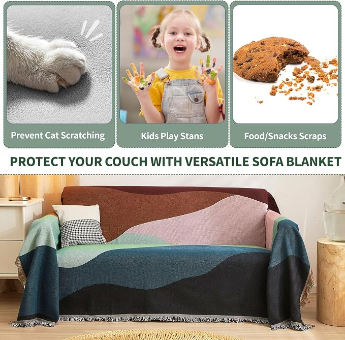 Reversible Knitted Patchwork Color Couch Cover Woven Decor Blanket Sofa Covers for Living Room Knit Futon Covers Sofa Slipcovers for Pets Couch Protector for Dogs Boho Furniture Covers, 71"X 118" - Image 3