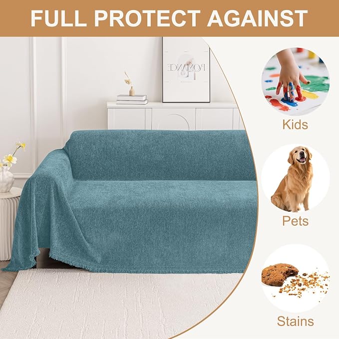 Smiry Couch Cover for Dogs, Chenille Sofa Covers for 3 Cushion Couch | Washable Soft Sofa Slipcover for Pets, Thick Sectional Furniture Protector with Tassels (Blue, 71x134 Inch) - Image 3