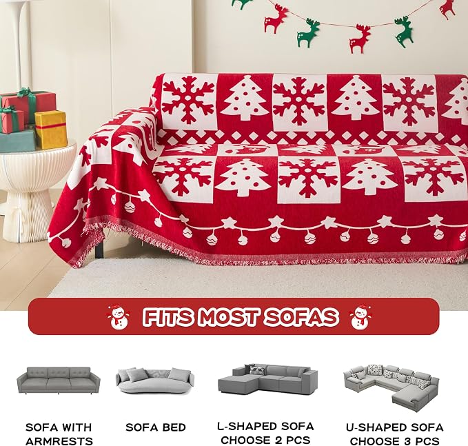 MEETSKY Christmas Couch Cover for Sectional Sofa, Chenille Loveseat Red Sofa Covers Washable for Pet Friendly Snowflake Christmas Tree Decorative Couch Covers, 71" x 118" - Image 7
