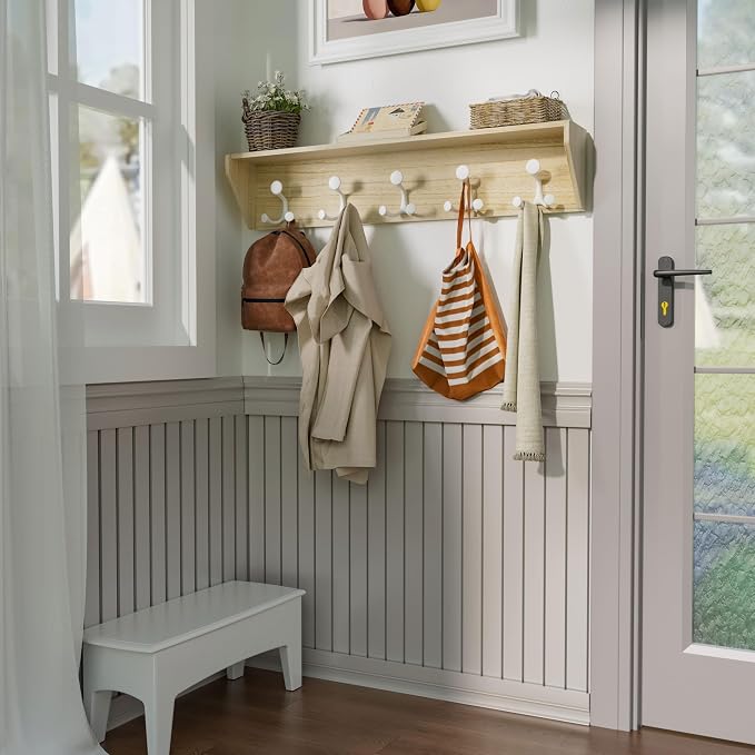SKOLOO Wall Shelf with Hooks, 24-Inch Coat Rack Wall Mount with Shelf Organizer - Lightweight & Sturdy​​, 5 Tri Hooks - Perfect for Entryway, Hallway, Living Room, Bedroom, Mudroom, Natural & White - Image 6
