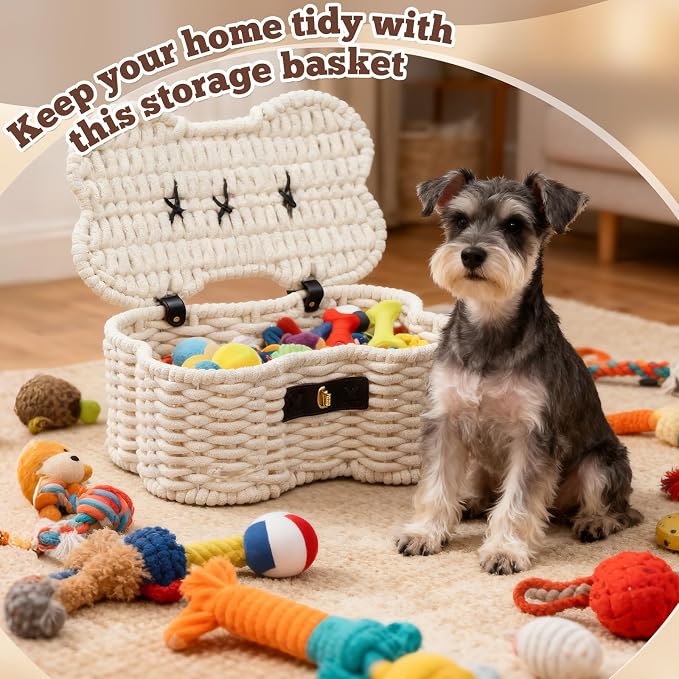 Dog Toys Basket, Cotton Rope Bin Bone Shaped Pet Toys Organizer, Handmade Pet Toy Bin, Woven Baskets for Storage, 14.96" x 11.22" x 6.5"inch - Image 5