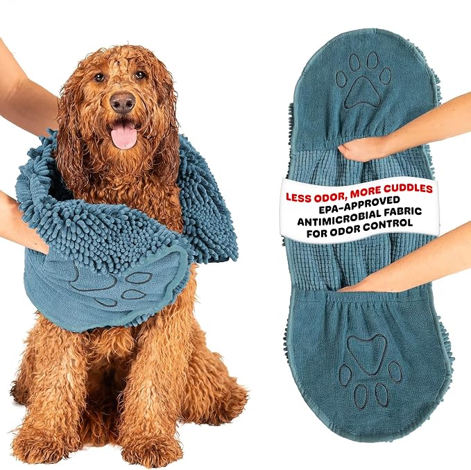 Dog Gone Smart The Dirty Dog Shammy - Antimicrobial Microfiber Dog Towel for Odor Control, Fast-Drying Plush, Dual Hand Pockets & Elastic, Super Absorbent, Machine Washable, 31 x 13 in, Pacific Blue by DogGoneSmartBed