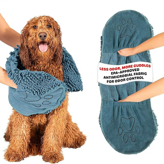Dog Gone Smart The Dirty Dog Shammy - Antimicrobial Microfiber Dog Towel for Odor Control, Fast-Drying Plush, Dual Hand Pockets & Elastic, Super Absorbent, Machine Washable, 31 x 13 in, Pacific Blue by DogGoneSmartBed