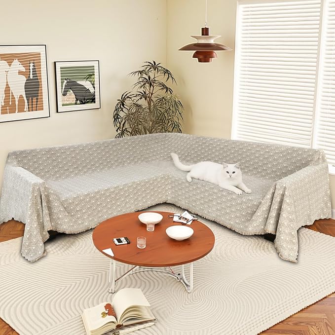 1OO% Waterproof Sectional Couch Covers for Dogs L Shaped Corner Sofa Cover Washable Chenille Sofa Slipcovers Blanket Modern Jacquard Pet Furniture Protector (91"x252", Khaki Weaving Triangle) - Image 2