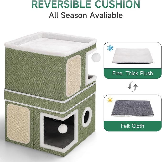 Shikha 2 Story Cat House beds for Indoor Cats with Scratch Pads Green | 2 in 1 Dual Use Double Cat Bed Cave for Multiple Pets Kitten, Elevated Perch for a Wide View, All Season Reversible Cushion - Image 6