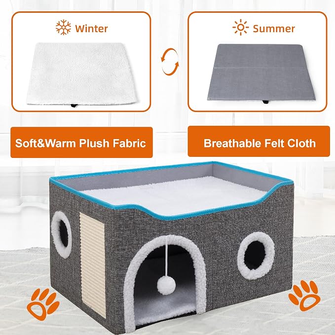 Loyareal Cat Houses for Indoor Cats - Large Cat Bed Cave with Scratch Pad and Fluffy Ball, Foldable Cat Condo Hideaway with Reversible Cushion for Multi Small Pet, Light Grey - Image 4