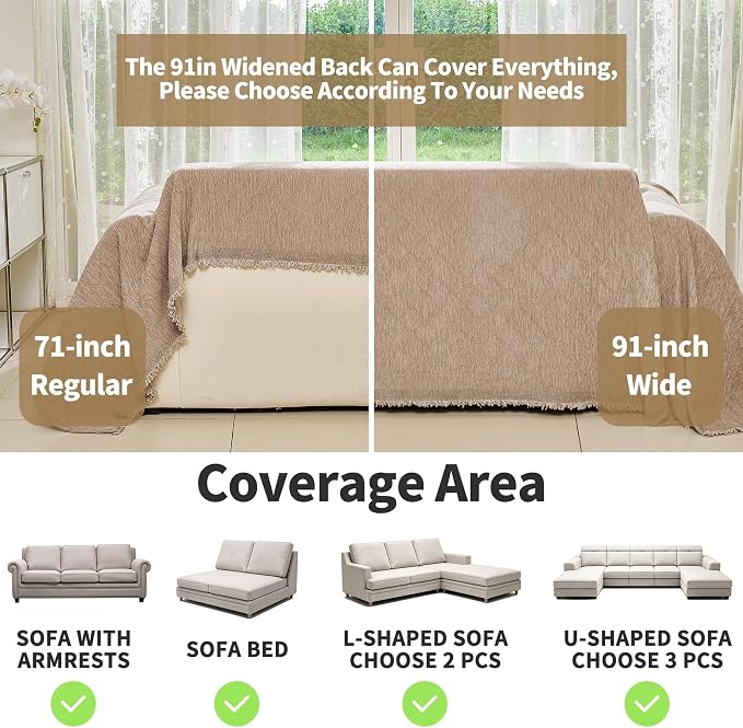 VANJOROY Boho Oversized Couch Sofa Cover for 3-4 Cushion Sectional Sofa L-Shape -Washable Chenille Couch Cover for Dogs Pets, Khaki Couch Cover Protector Soft Sofa Slipcovers with Tassel,91"x 150" - Image 3