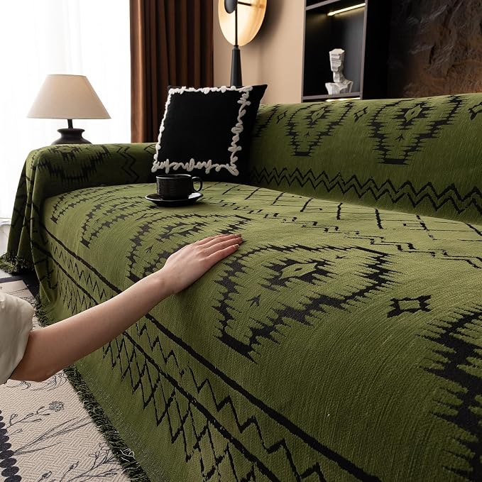 DREAMINGO Boho Couch Cover Sofa Covers for 3 Cushion Couch Jacquard Chenille Couch Cover Blanket Living Room Pet Furniture Protector Sectional Couch Covers for Dogs Washable, Green, 71"x134" - Image 7