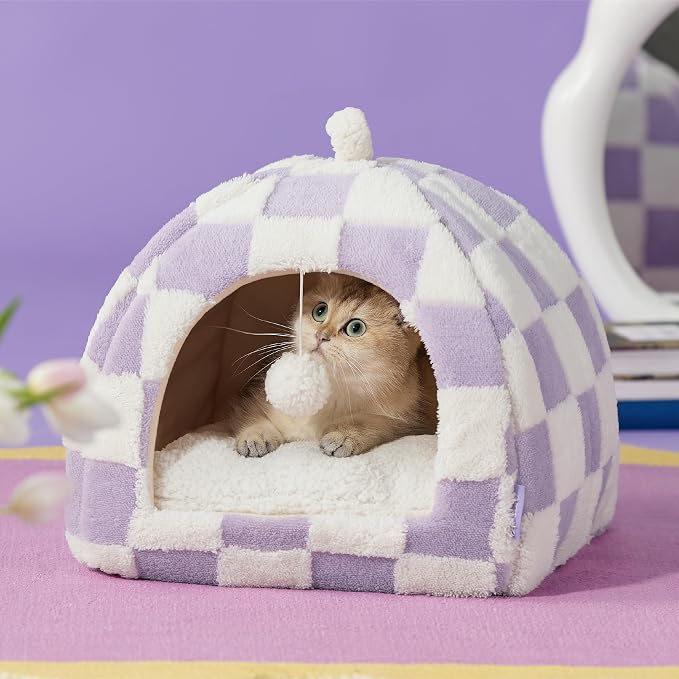 Lesure 2in1 Cute Cat House for Kitten with Washable Cushioned Pillow,16in | Cat Beds for Indoor Cats,Small Pet Cave Tent,Cozy Enclosed Foldable Hideaway,Fluffy Ball,Anti Slip Bottom,Hand Strap,Purple - Image 6