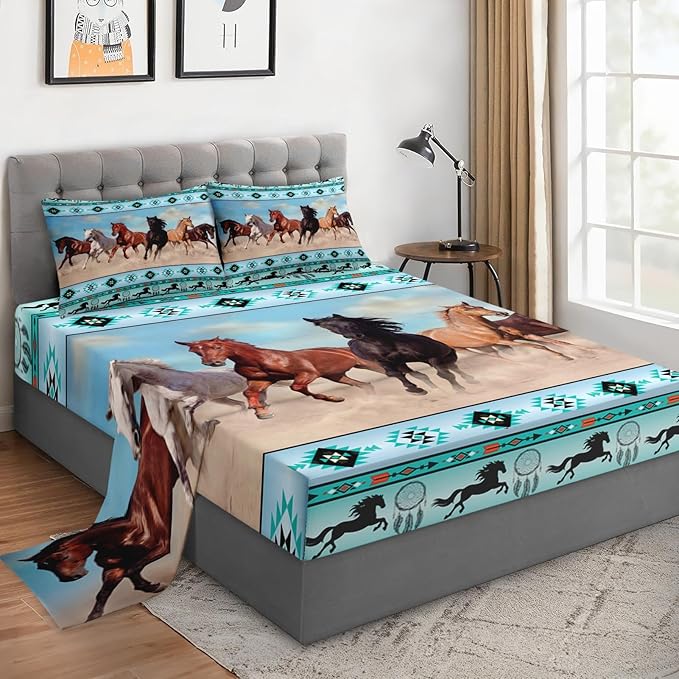WeCozy King Size Bed Sheet Sets with Pillowcases, Horses Desert Animal 4 Pcs Soft Microfiber Bedding for Kids and Adults, Tribal Farm Sunset Run Flat, Fitted Sheet for Bedroom Bed Decor by WeCozyHomeDecor