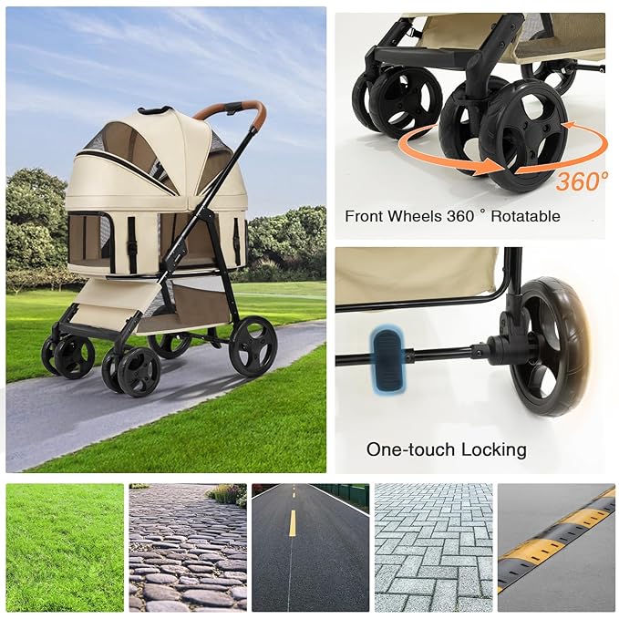 4 Wheels Pet Stroller for Small/Medium Dogs and Cats,Dog Stroller with Detachable Carrier and Storage Basket,One Click Folding, Compact Portable,Up to 50lbs,3 in1 Multifunctional(Khaki)