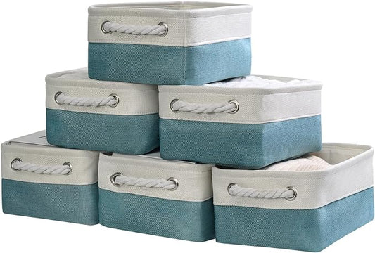 TheWarmHome Storage Bins for Shelves - Small 6 Pack 11.8x7.8x5.2 inch Sturdy Storage Basket W/Handles, Decorative Foldable Storage Baskets for Organizing Closet Nursery Toy(White & Green) by TheWarmHome