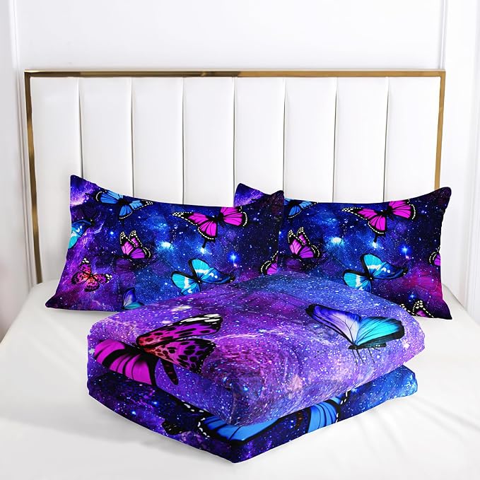 Nttopship Violet Butterfly Comforter Sets Queen Size,Galaxy Starry Sky Bedding Sets for Kids,Violet Butterfly and Milky Way Comforter Sets All Season 1 Comforter and 2 Pillowcases - Image 4