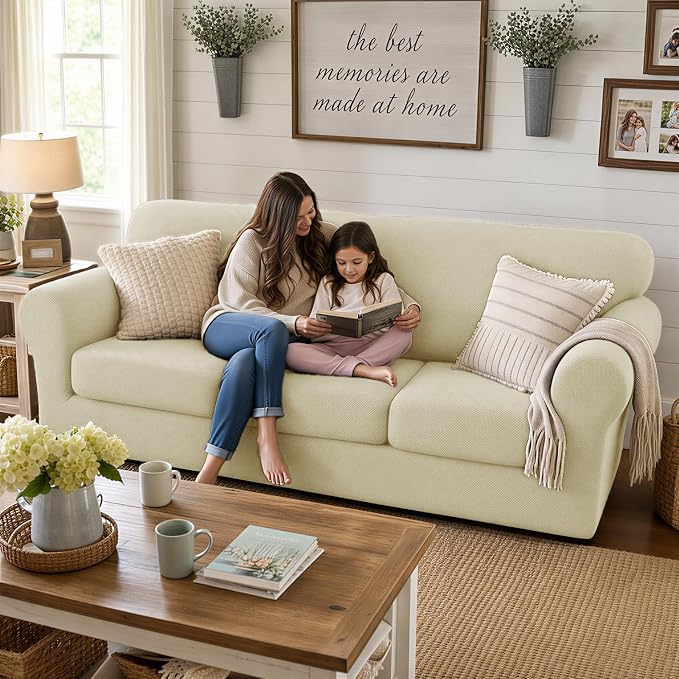 XINEAGE New 3 Pieces Couch Covers for 2 Extra Large Cushion Sofa Super Stretch Sofa Cover for 2 Large Seat Universal Loveseat Slip Cover for Living Room (Light Beige), 71"-91"(2 Cushions) - Image 3