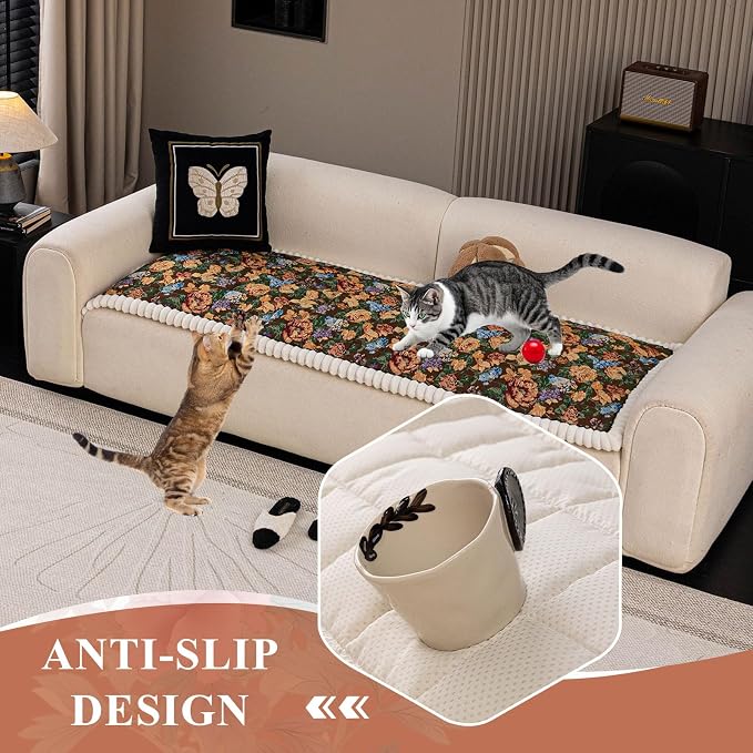 STACYPIK Thick Botanical Floral Pet Sofa Cushion Cover Washable Quilted Jacquard Couch Cushion Cover for 3 Seater Fuzzy Non Slip Couch Seat Slipcover Pet Friendly Mat Bed Garden Chic-27.6X82.7IN - Image 3