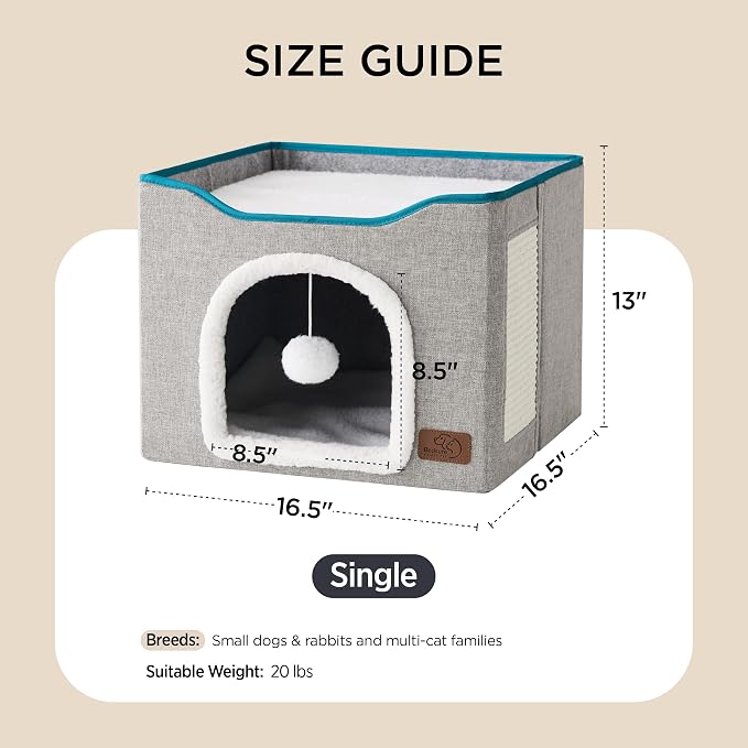 Bedsure Cat House Bed for Indoor Cats with Fluffy Ball and Scratch Pad,Grey | 16.5x16.5x13 in,Large Cat Cave for Multiple Pets,Foldable Cat Hideway Cube for Sleeping Kitten - Image 7