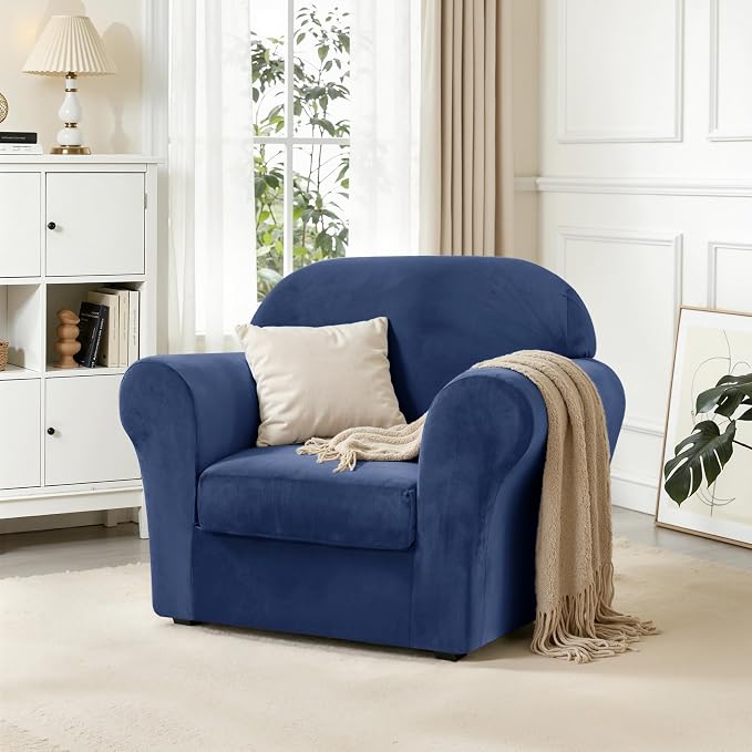 CHUN YI 2 Piece Velvet Armchair Cover Couch Covers 1 Cushion, Water Resistant Chair Slipcover with Arms, Non Slip High Stretch Thick Furniture Protector for Dogs Pets, Small, Navy - Image 3