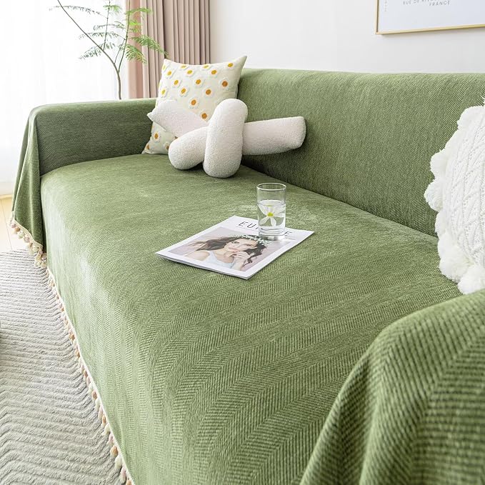 VClife Boho Couch Cover Non Slip Pet Friendly Chenille Sofa Covers, Dog Couch Cover for 2 Cushion Couch Sofa Breathable Wear Resistant Furniture Couch Protector with Tassel Ball, Green, 71"x118" - Image 7