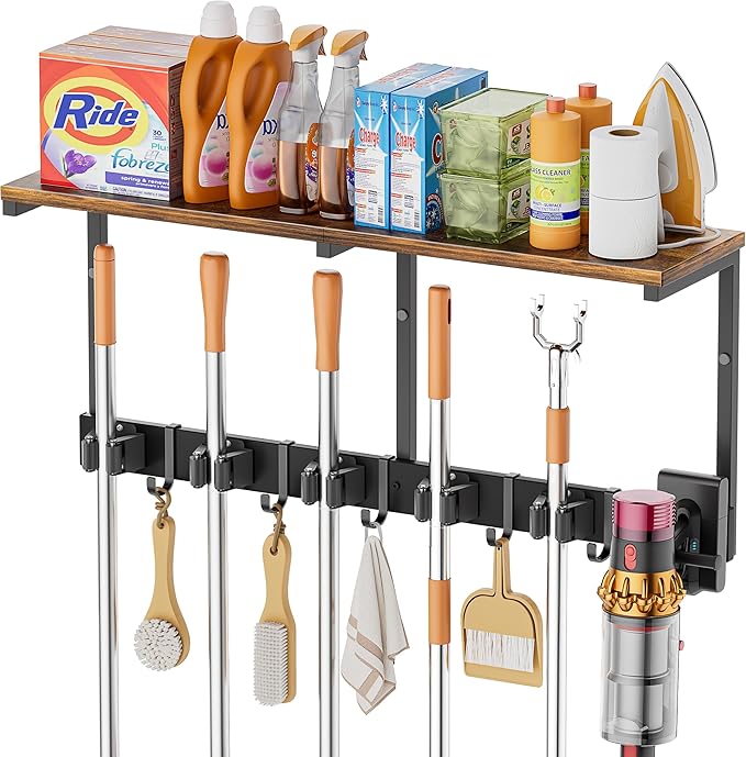 Broom Holder Wall Mount with Cleaning Supplies Organizer, Laundry Room Organization and Storage Shelves with Mop Hanger Rack Gripper Hooks, Utility Shelf Closet Organizer for Home Garage Kitchen by Olakee