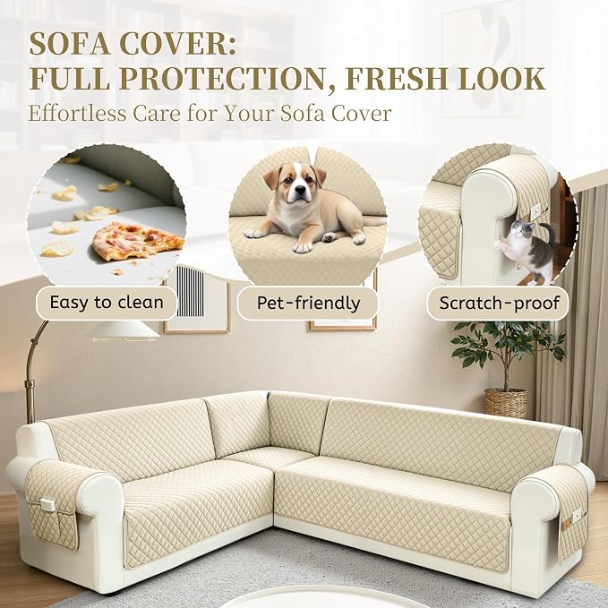Sectional Couch Covers for Dogs 100% Waterproof Corner L Shaped Sofa Cover Pet Friendly Velvet Washable Anti Slip L Shape Modular Sofa Slipcover Protector with Pockets (Beige, X-Large) - Image 5