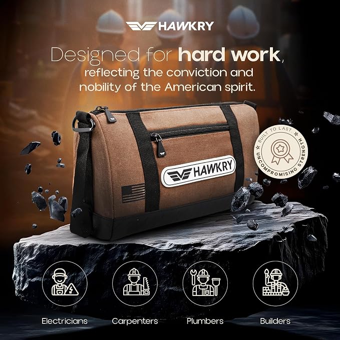 HAWKRY Canvas Tool Pouch – Brown Tool Bag for Tool Storage, DIY, Electrical, Auto or Hobby Use | Rugged Canvas Organizer with Zipper & Reinforced Base – Compact Utility Pouch for Toolbox or Car - Image 8