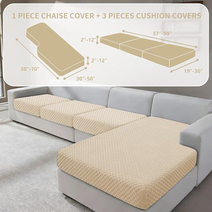 YEMYHOM Couch Cushion Covers for Sofa, Stretch Sectional Couch Seat Cushion Covers Washable Thick Furniture Protector Sofa Slipcovers for Pets (3 Seater + 1 Chaise, Beige) - Image 2