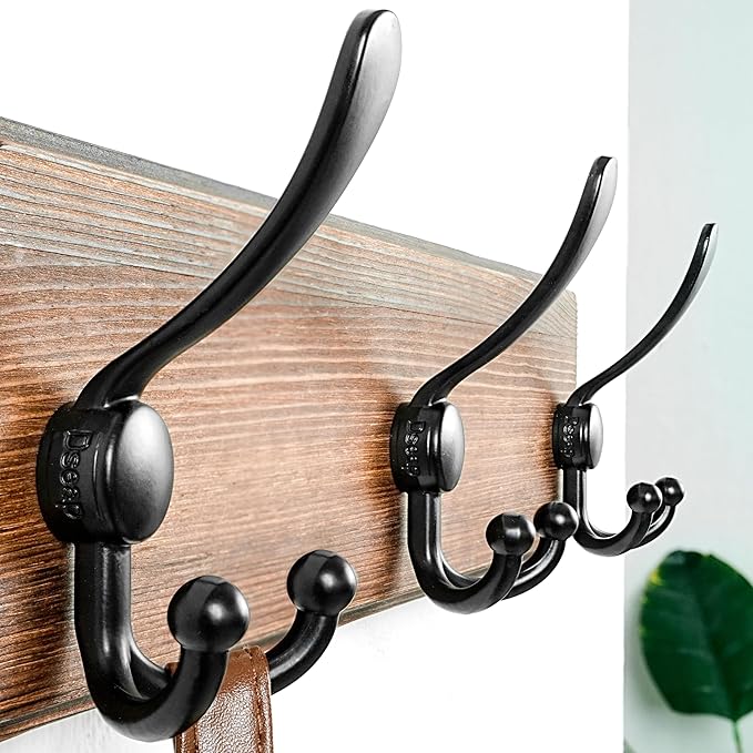 Dseap Coat Rack Wall Mounted - 5 Tri Hooks, Heavy Duty, Wooden Wall Coat Hanger Coat Hook for Clothes Hat Jacket Clothing, Natural & Black - Image 2