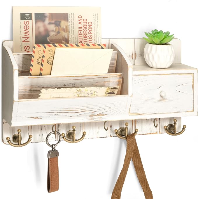 Rebee Vision Key Holder Wall Mount with Drawer for Room Decor, Whitewash | Pine Wood Farmhouse Key Holder for Wall, with 7 Hanging Hooks, Letter Organizer, Ideal Farmhouse Home Decor Solution by REBEEVISION