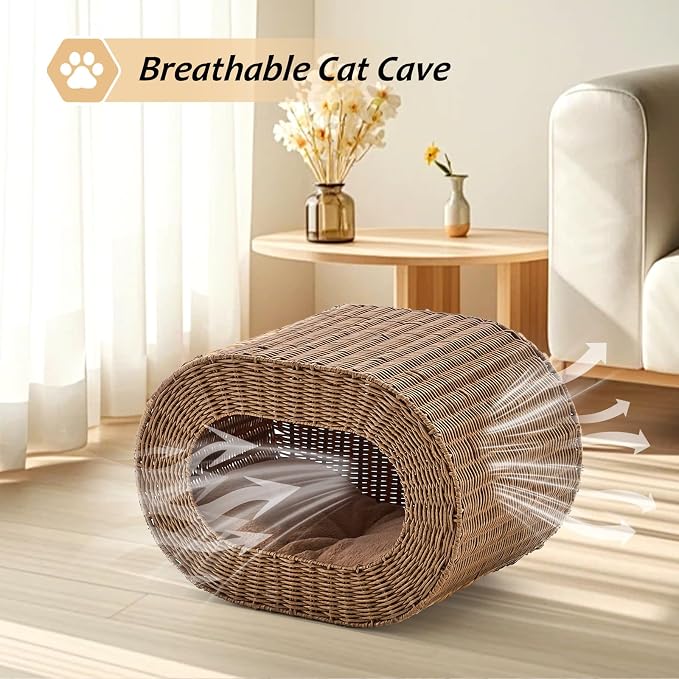 Cat House,Handwoven Cat Cave Pet Cube, Rattan Cat Beds Indoor Kitten House with Double-Sided Soft Cushions, Pet Cat House for Multiple Cats, for Living Room Bedroom - Image 3