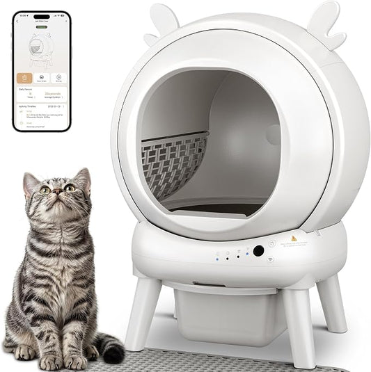 Automatic Self Cleaning Litter Box, Cat Litter Box with APP Control, 65L Globe & Dual Safety Sensors, Robot Litter Box, 1 Roll Garbage Bags and Litter Mat, <35DB, for Multiple Cats, White by Furrykiddy