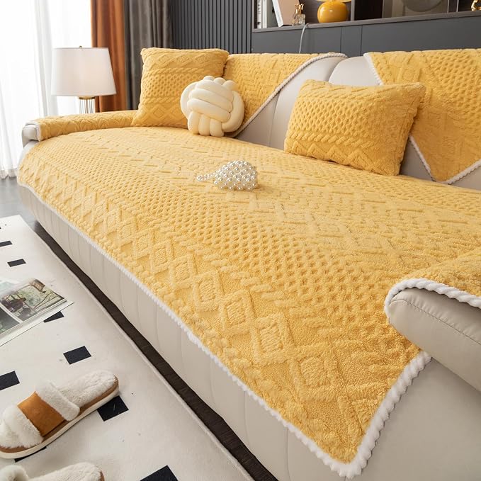 vctops Cable Jacquard Plush Sofa Couch Covers Boho Fuzzy Couch Cover for Dogs Soft Non Slip Sectional Sofa Slipcover Thick Warm Washable Furniture Protector for Kids, Pets (Yellow,43"x94") by vctops