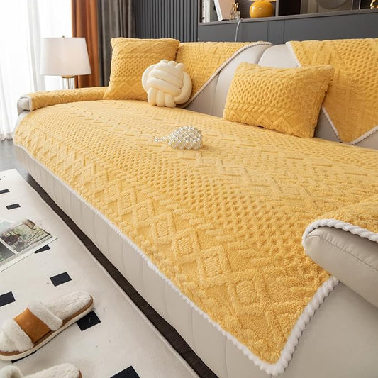 vctops Cable Jacquard Plush Sofa Couch Covers Boho Fuzzy Couch Cover for Dogs Soft Non Slip Sectional Sofa Slipcover Thick Warm Washable Furniture Protector for Kids, Pets (Yellow,43"x94") by vctops