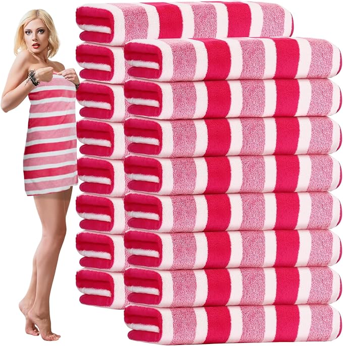 SmoothNovelty 16 Pack Microfiber Bath Towels Bulk 27'' x 60'' Oversized Size Bath Towel Highly Absorbent Extra Large Soft Drying for Beach Shower Summer Salon Sport Gym Party (Wide Stripes,Pink) by SmoothNovelty
