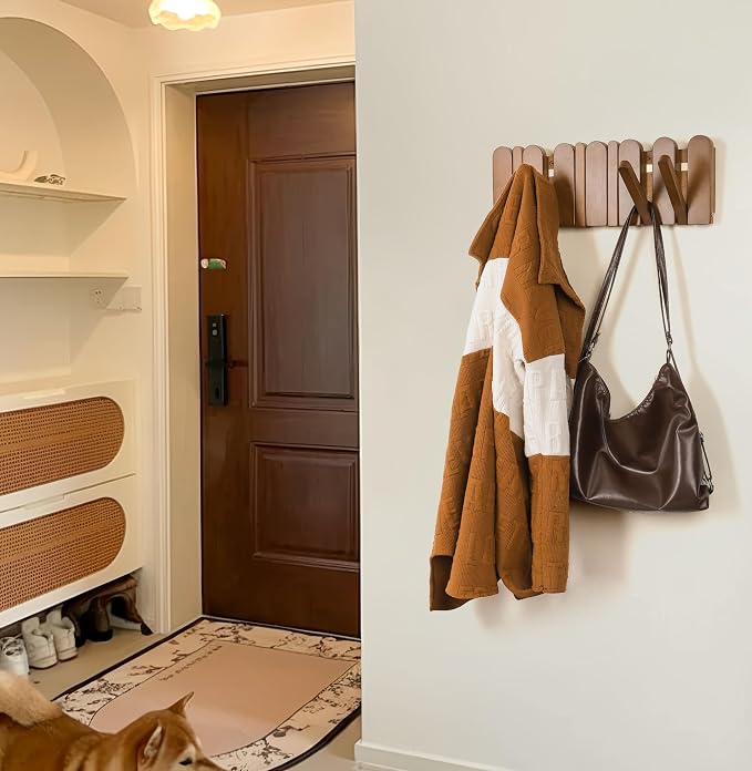 Wall Coat Rack for Entryway: Wooden Modern Heavy Duty 6 Hooks | Foldable Wall Mounted for Small Spaces Entryway Bathroom for Hanging Jacket Towel Backpack - Space Saving Home Decor - Image 7