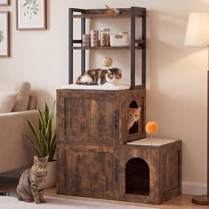 Heybly Cat Litter Box Enclosure Furniture, Double Hidden Litter Box Cabinet with Cat Tree, Large Litter Box Enclosure with Shelves & Storage, Cat House for 2 Cats, Cat Box Enclosure, Rustic HCLB002SR - Image 8