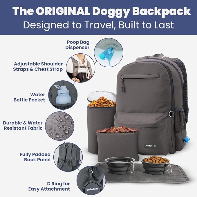 Rubyloo Dog Travel Backpack for Supplies - Dog Diaper Bag with Travel Bowls | 2 BPA-Free Bowls; Food Container & Treat Pouch; Placemat; Laptop Sleeve; Poop Bag Dispenser, Hiking, Camping & Road Trips, - Image 2