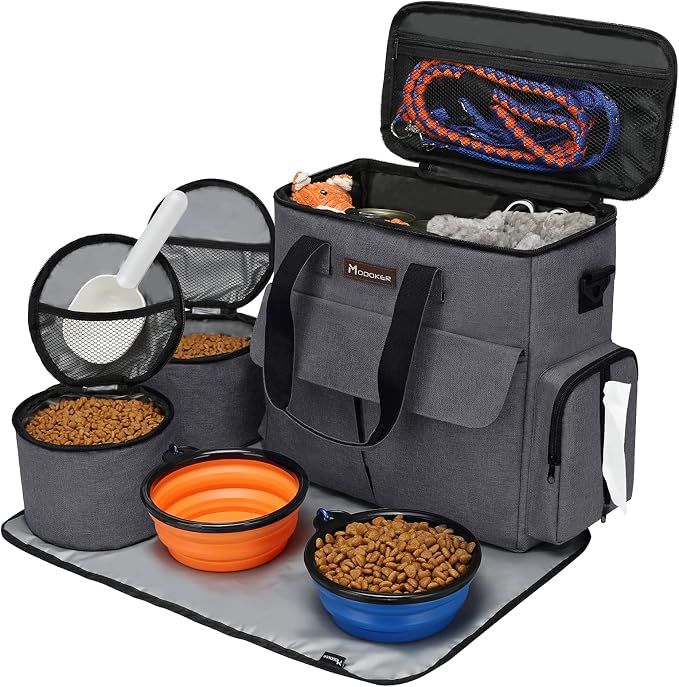 Modoker Weekend Dog Travel Bag with 2 Food Bags, 2 Bowls and Mat, Dark Gray | Dog Travel Accessories Organizer for Camping and Road Trips with Roomy Storage, Multiple Pockets and Water-Resistant Oxford - Image 7