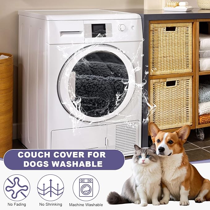 STACYPIK Durable Dark Gray Couch Cover for Large Dogs, Fuzzy Sherpa Sofa Cover for 3 Cushion Couch Washable, Pet Friendly Sofas Slipcover Cushion Protector for Living Room Dog Bed Cover-27.6x70.9IN - Image 6