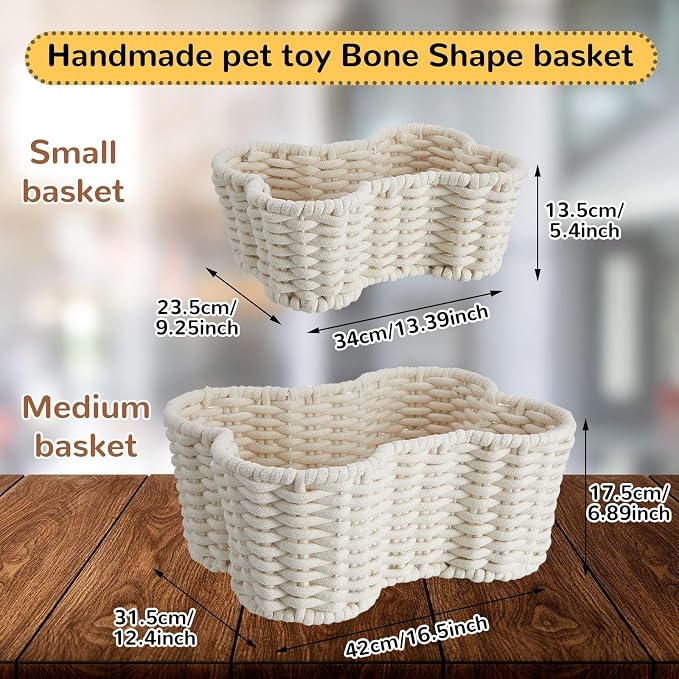Barydat 2 Pcs Dog Toy Basket Dog Toy Bin Bone Shaped Handmade Pet Organizer for Pet White Cotton Rope Basket (16.5 x 12.4 x 6.89 and 13.39 x 9.25 x 5.4) - Image 2