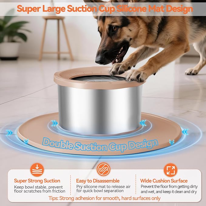 Decflow 12L No Spill Dog Water Bowl for Large Dogs, Stainless Steel Spill Proof Bowls with Suction Cup Anti-Skid Mat, Slow Feeder for Messy Drinkers, Heavy Duty Pet Bowls for Indoor/Outdoor Beige - Image 5