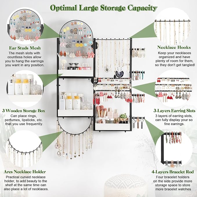 Keebofly Wall Mount Hanging Jewelry Organizer - Large Display Holder for Earrings, Rings, Necklaces, Bracelets, Watches and Perfume - White - Image 5