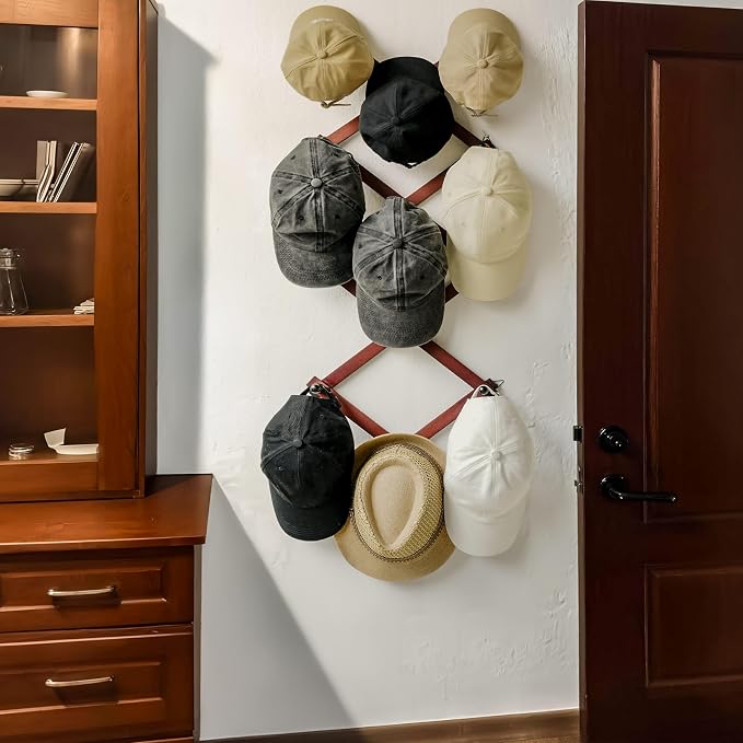 SKOLOO Hat Rack for Wall with 14 Hooks, Solid Wooden, Modern, Expandable Coat Rack Wall Mount for Coats, Hats, Bags, Baseball Caps, Cherry Red - Image 4
