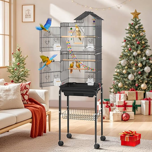 DWVO 62-inch Metal Bird Cage | Bird Cage Spacious for Cockatiels, Parrots, Pigeons, Lovebirds, Features Roof Access and Rolling Stand Black by DWVO