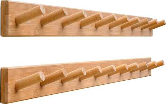 SKOLOO Wood Coat Rack Wall Mounted,10 Peg Long Bamboo Hook for Hanging Backpack Coat Towel Hat,16'' Hole to Hole,Pack of 2,Natural by SKOLOO