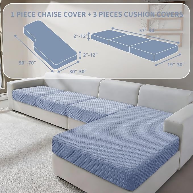 YEMYHOM Couch Cushion Covers for Sofa, Stretch Sectional Couch Seat Cushion Covers Washable Thick Furniture Protector Sofa Slipcovers for Pets (3 Seater + 1 Chaise, Light Blue) - Image 2