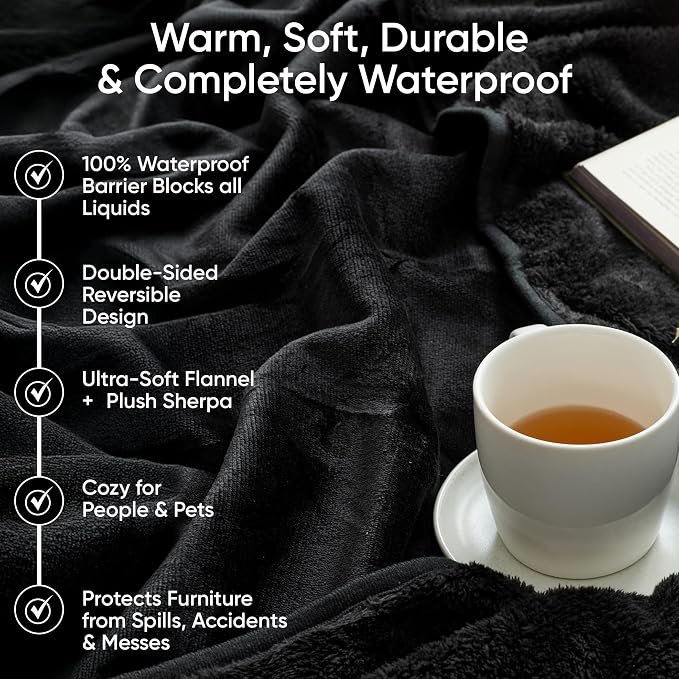 Waterproof Blanket for Bed, Couch & Sofa, Reversible Sherpa & Flannel Throw Blanket, Leakproof Soft Washable Furniture Protector for Pets & Home (Black, 40"x60") - Image 6
