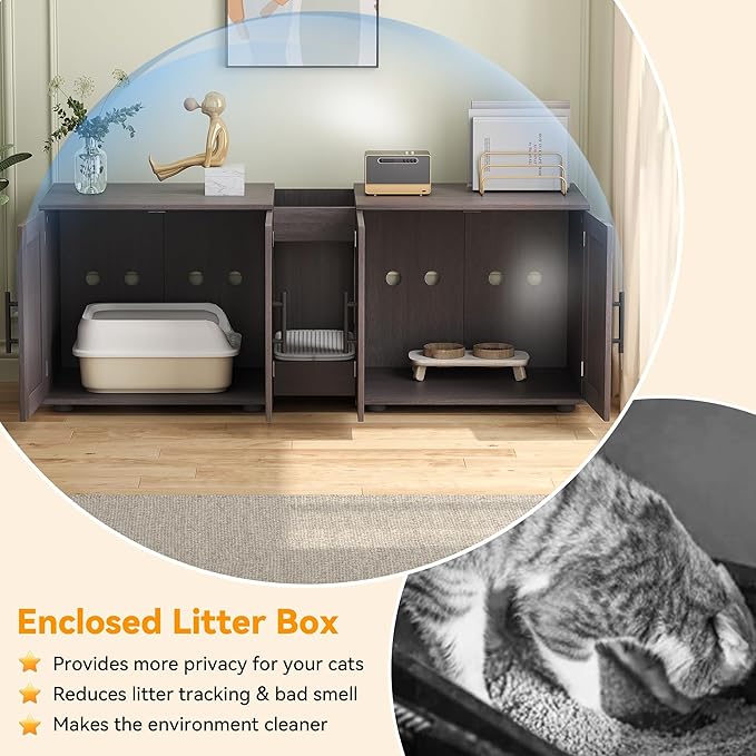55" Large Cat Litter Box Enclosure Furniture for 2 Cats, 3-in-1 Hidden Litter Box Cabinet with Barn Door & Double Rooms, Wooden Pet Furniture for Living Room & Bedroom - Image 5